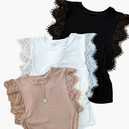 Damen Spitzen-Top mit Flügelärmeln – Elegantes Sommer Oberteil im Casual-Look