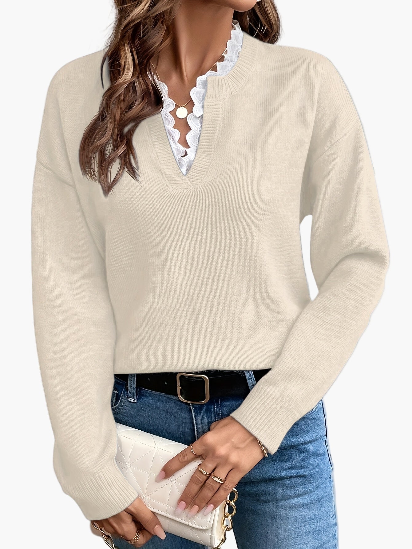 Women's Elegant Knit Sweater with Lace Trim and V-Neck – Ideal for Everyday and Office