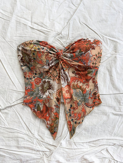 Women's Bandeau Crop Top with Floral Pattern and Knot Detail – Vintage Style for Summer and Festivals