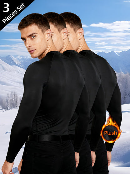 Men's Long-Sleeve Thermal Undershirt Crew Neck Black 3-Piece Set