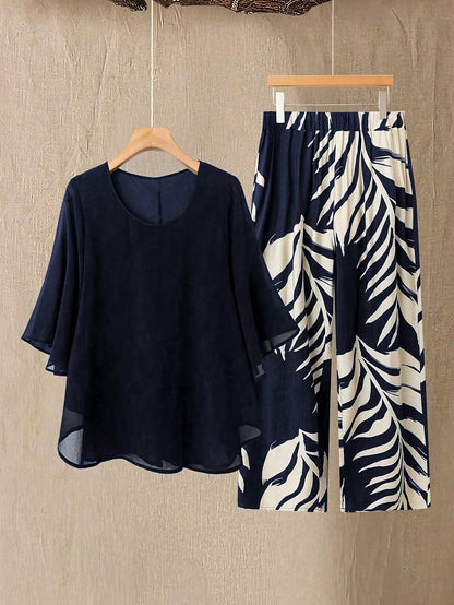 Damen Zweiteiler Set Elegant – Weite Hose mit Tropenmuster und Lockeres Blusenshirt, Modisch für Urlaub & Sommer