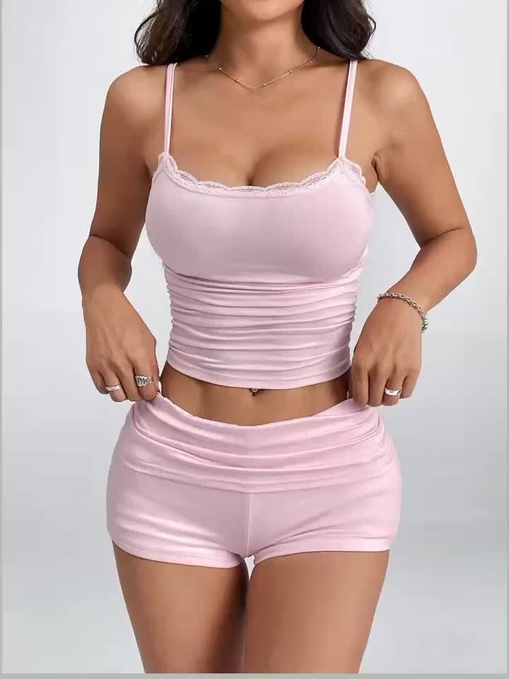 Women's Loungewear Set Two-Piece – Elegant Crop Top and Shorts for Spring & Summer