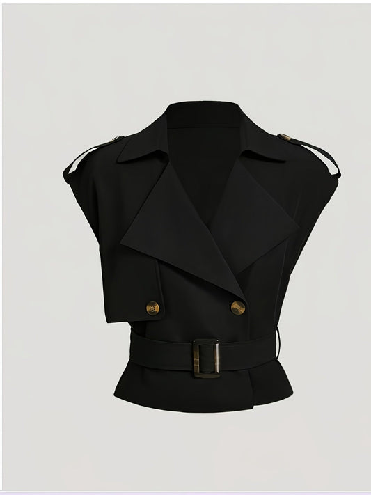 Women's Elegant Short-Sleeve Vest with Belt for Spring and Summer – Fashionable Trench Coat Style