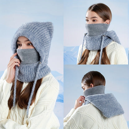 Gestrickte Balaclava-Mütze mit Ohren und integriertem Schal in Rippstrick