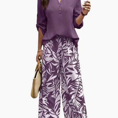 Women's Elegant Set with Tropical Pattern – Wide Pants and Blouse, Perfect for Spring & Summer