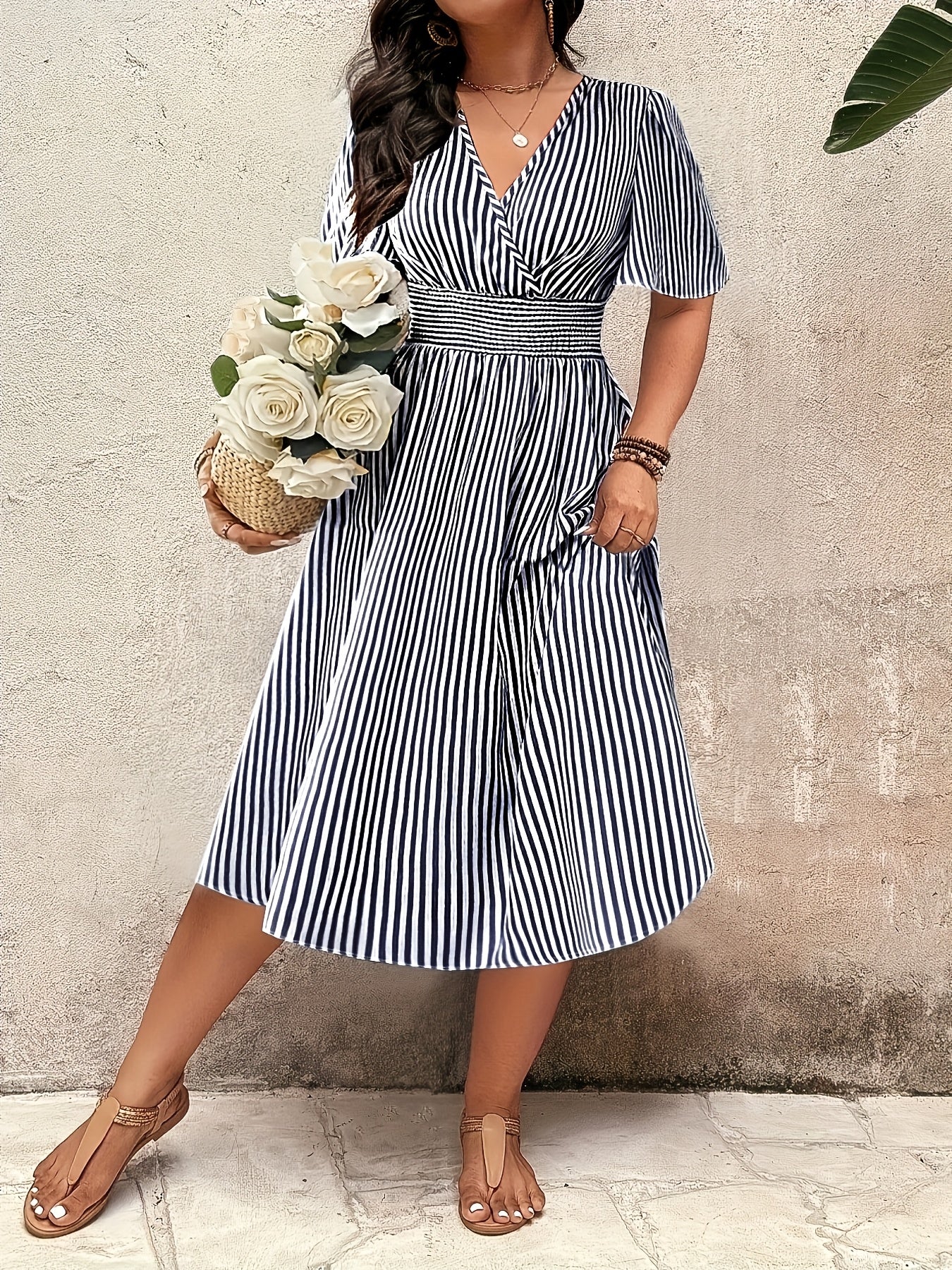 Women's Elegant Striped Midi Dress with V-Neck and Waist Accent for Festive Occasions