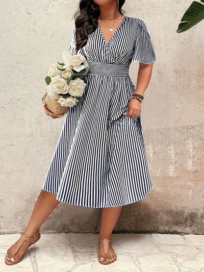 Women's Elegant Striped Midi Dress with V-Neck and Waist Accent for Festive Occasions