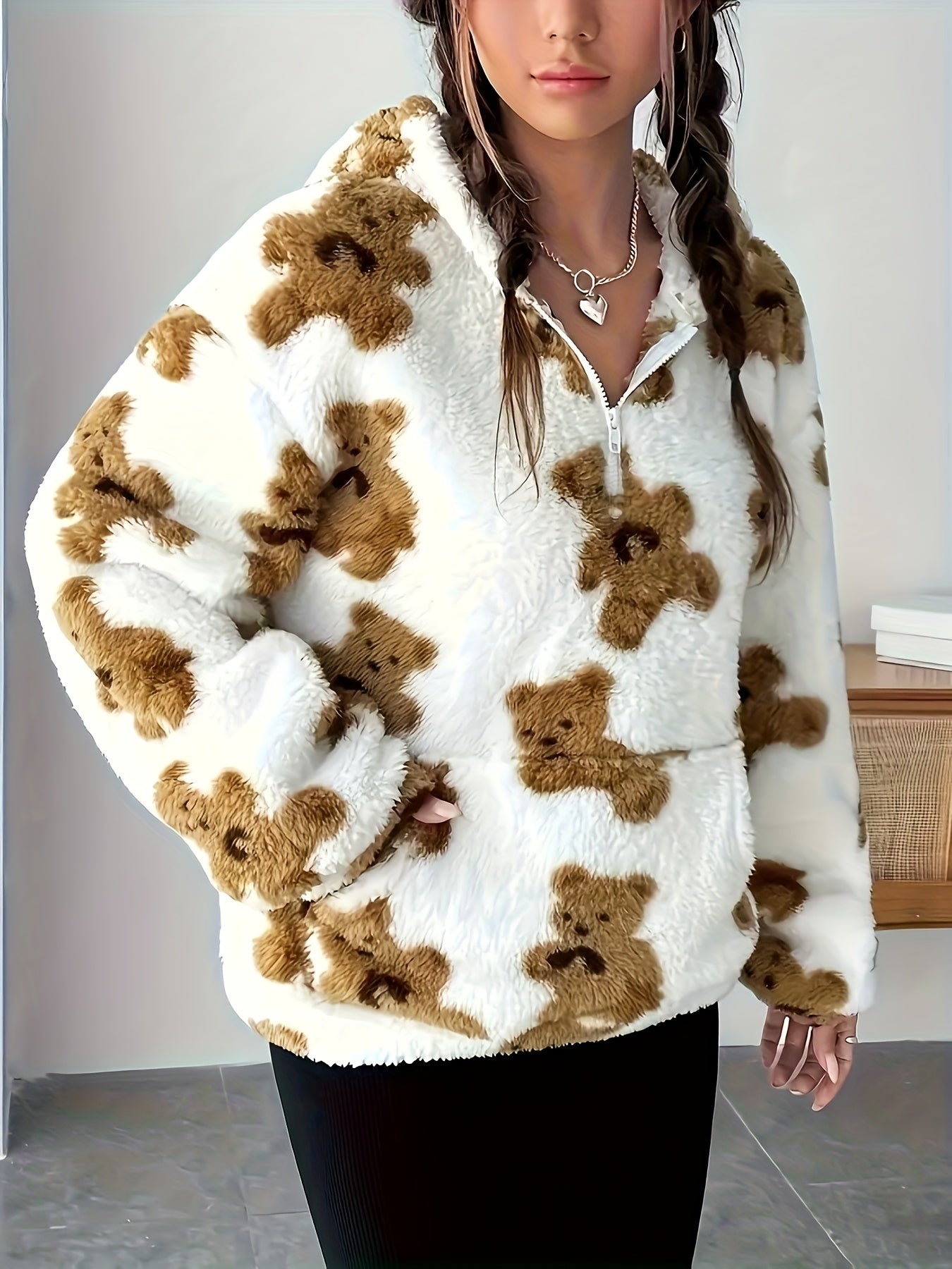 White fluffy hoodie with a brown teddy bear pattern for women