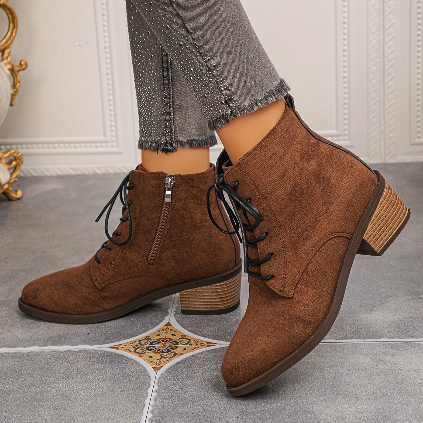 Women's lace-up ankle boots with block heels and a zipper