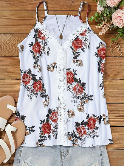 Damen Spaghettiträger Top mit Spitze und Blumenprint – Sommer Freizeit Elegant