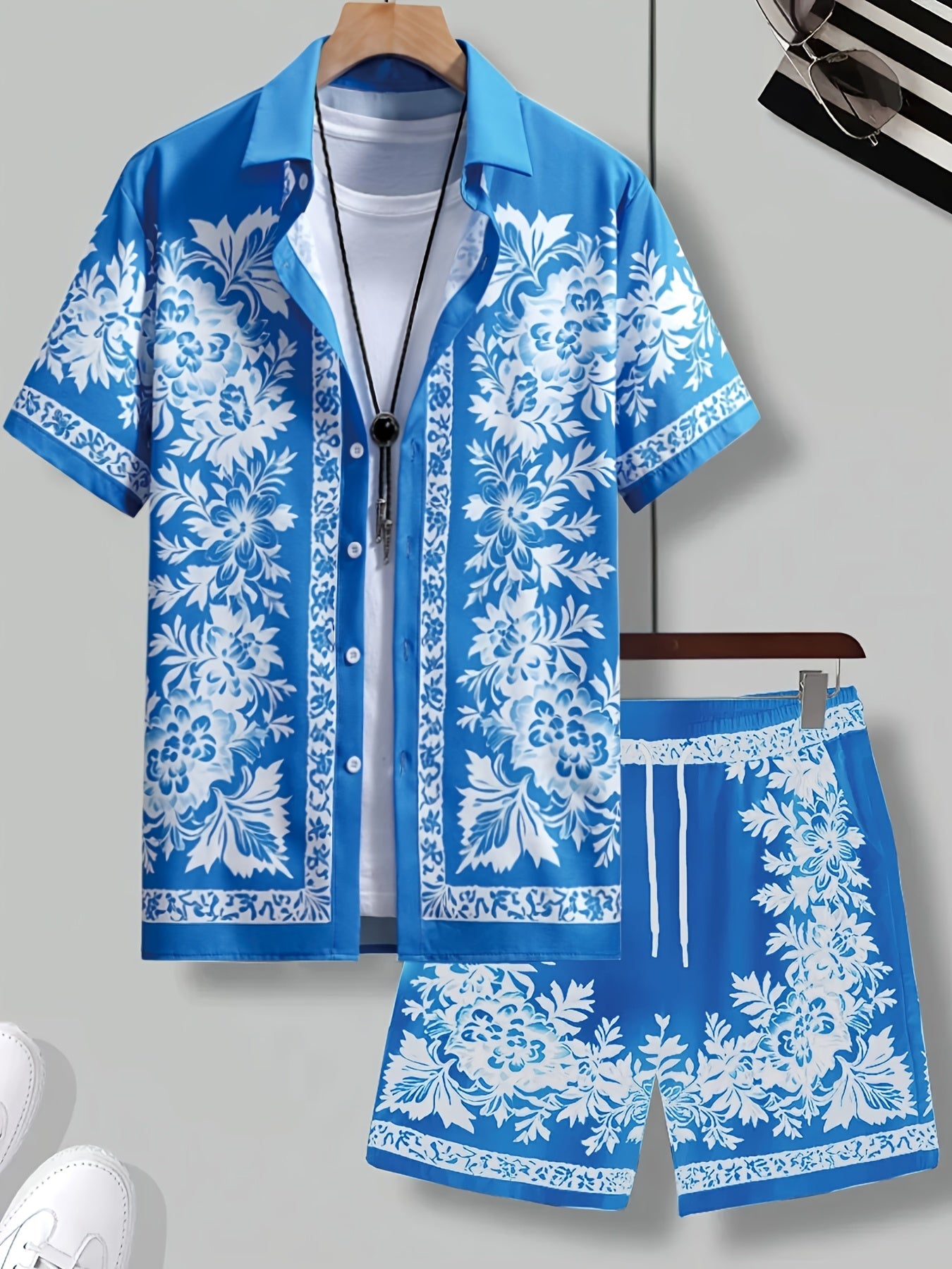 Men's Summer Casual Set with Short-Sleeve Shirt and Shorts – Floral Pattern, Ideal for Vacation & Beach