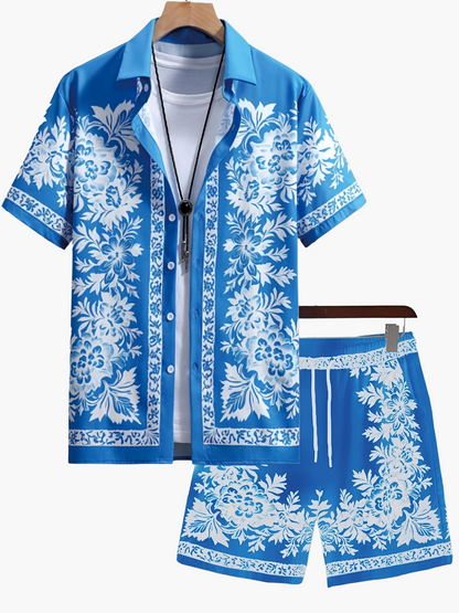 Men's Summer Casual Set with Short-Sleeve Shirt and Shorts – Floral Pattern, Ideal for Vacation & Beach