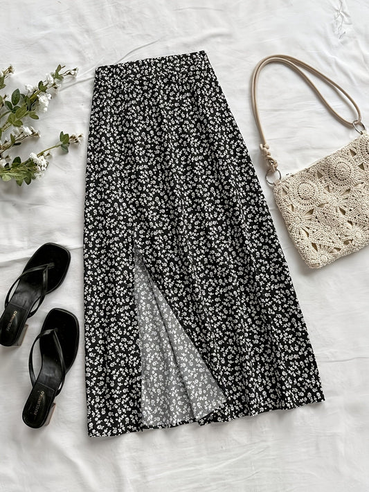 Women's midi skirt with floral pattern and slit – feminine A-line summer skirt for leisure & vacation