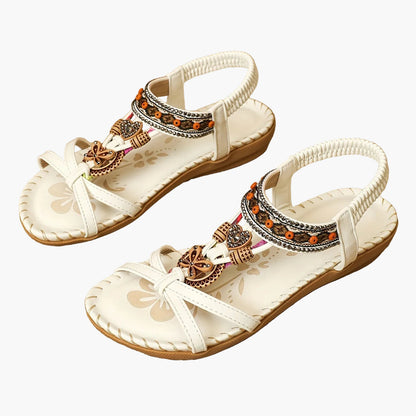 Women's Boho Sandals with Decorative Jewelry and Elastic Ankle Strap – Comfortable Summer Shoes for Casual Wear and Vacation