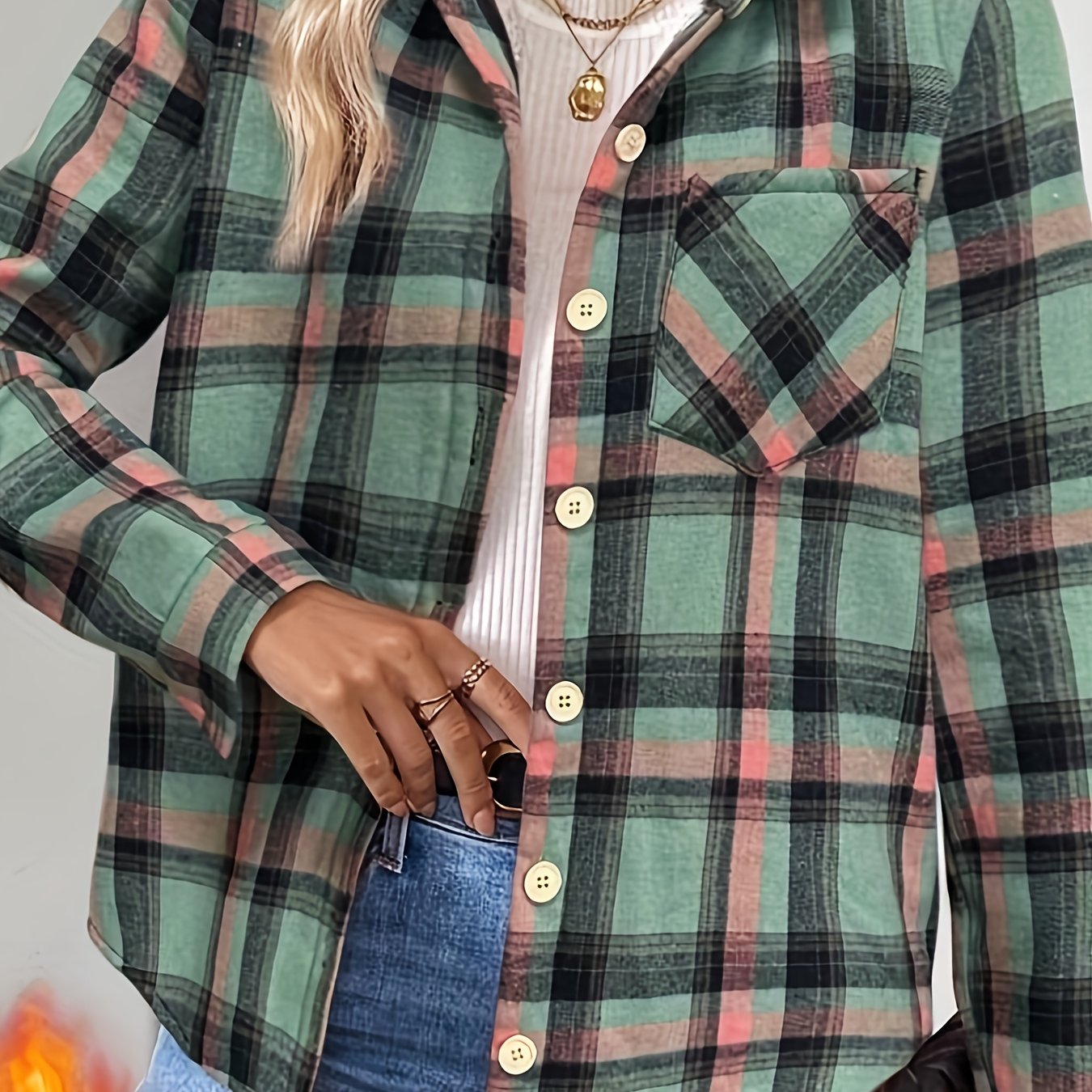 Women's green plaid shirt jacket with warm lining