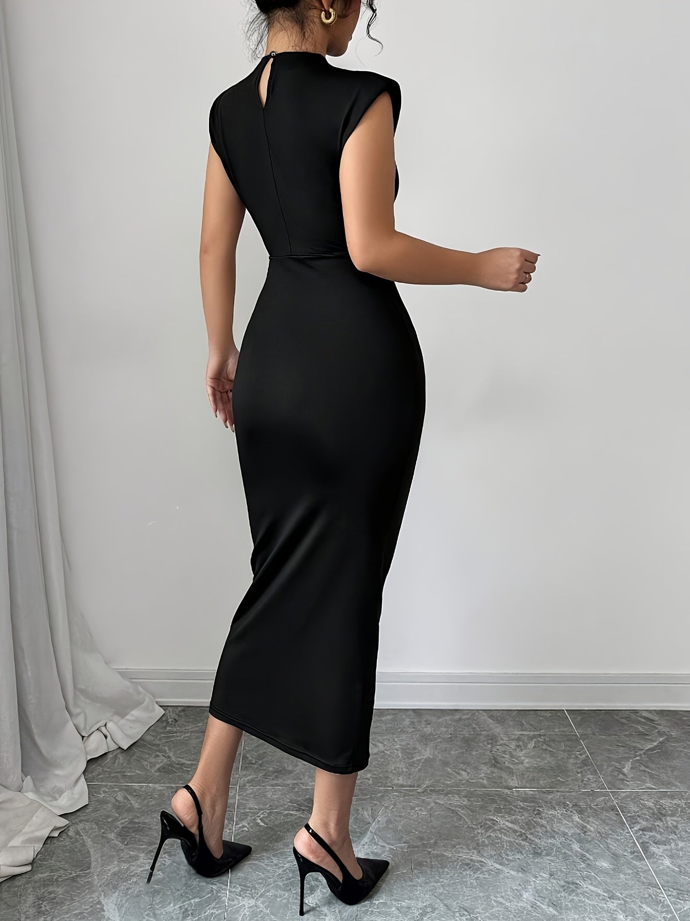 Women's Elegant Bodycon Midi Dress with Shoulder Pads – Perfect for Special Occasions and Business