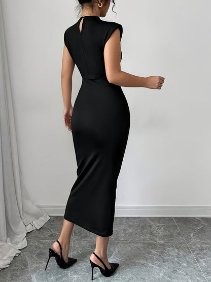 Women's Elegant Bodycon Midi Dress with Shoulder Pads – Perfect for Special Occasions and Business
