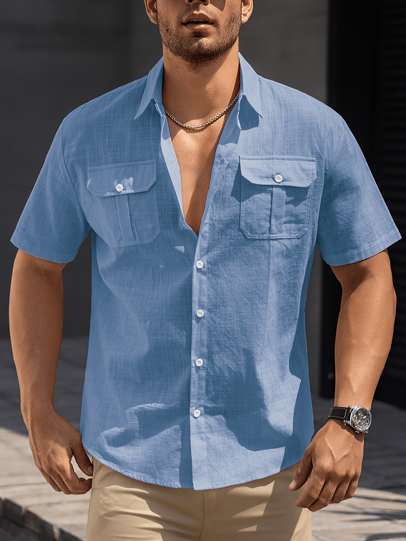 Men's Casual Short-Sleeve Shirt with Chest Pockets – Summer Regular Fit for Casual Occasions