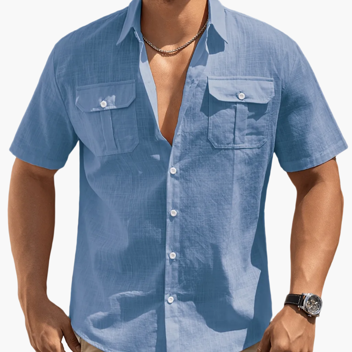 Men's Casual Short-Sleeve Shirt with Chest Pockets – Summer Regular Fit for Casual Occasions