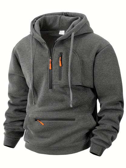 Men's hoodie with half-zip, kangaroo pocket & chest pocket, hooded sweatshirt