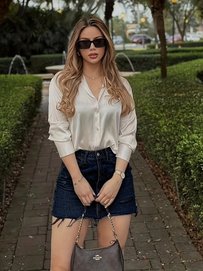 Women's Elegant Street Style Blouse Shirt and Denim Skirt Set – Fashionable Summer Look for Everyday and Leisure