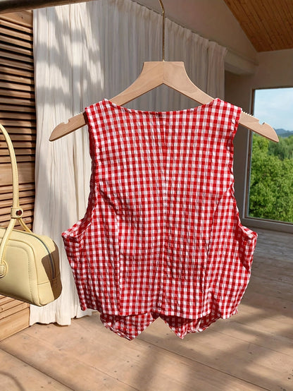 Women's Elegant Checked Vest in Vintage Style for Spring and Summer – Sleeveless, Short, Ideal for Everyday and Leisure Wear