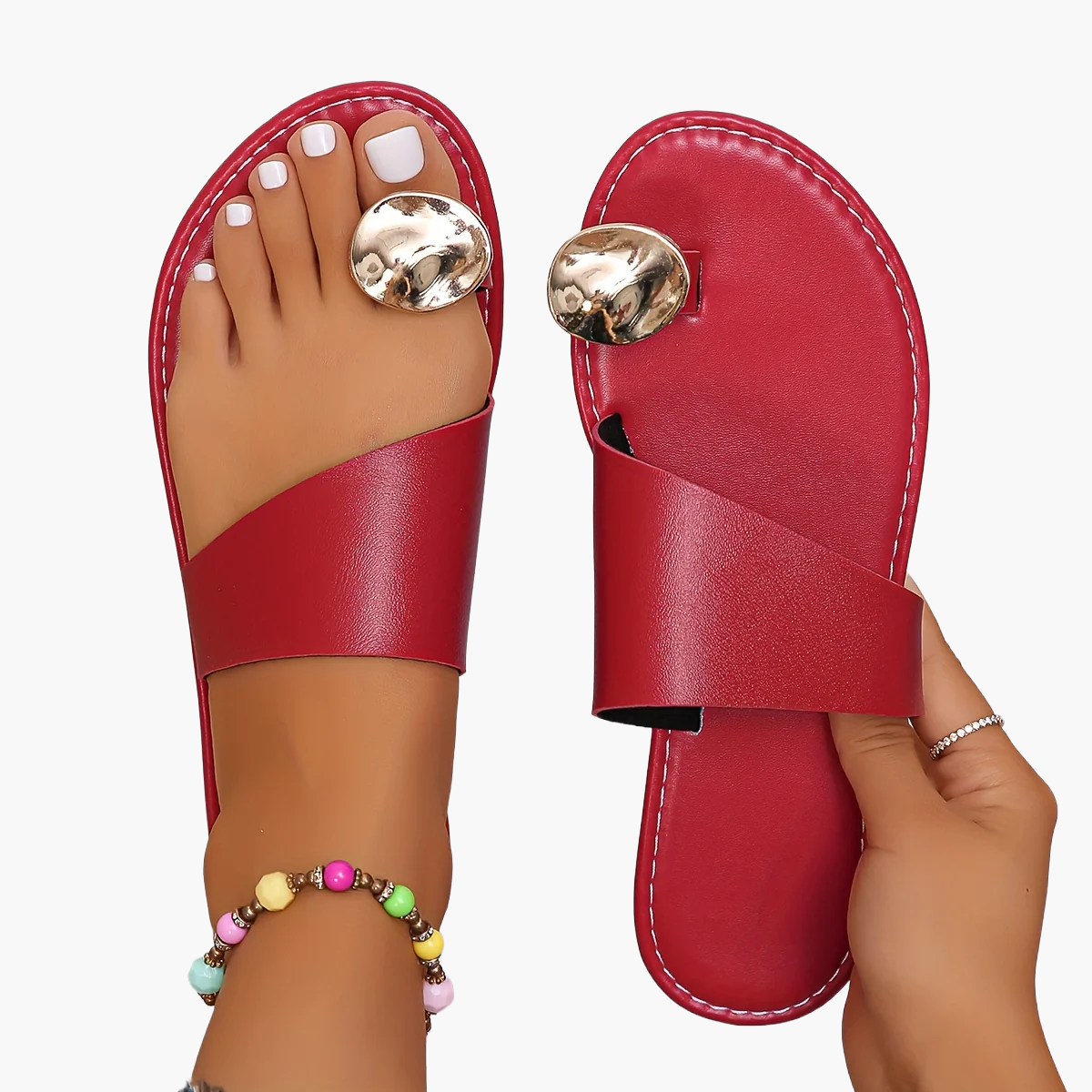 Women's toe separator sandals with metallic decoration – Fashionable slip-on summer shoes