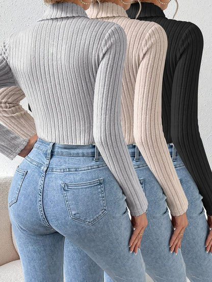 Gerippter Rollkragen Bodysuit Langarm Slim Fit