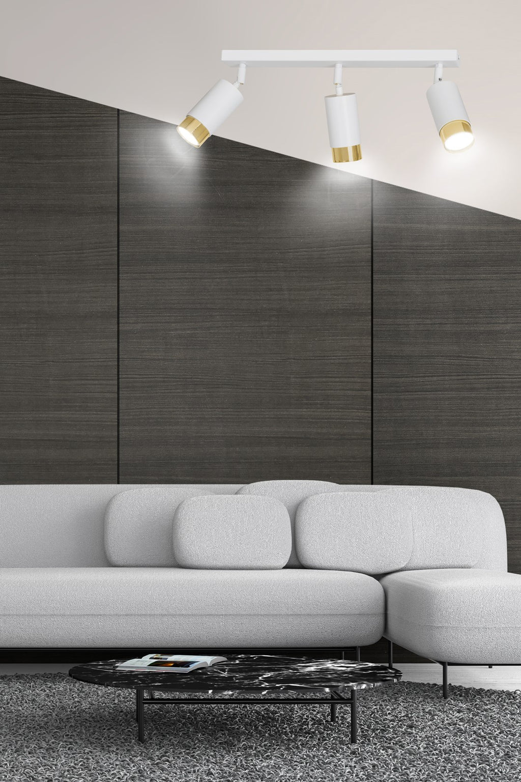 Plafondlamp gepoedercoat staal modern Hiro wit goud 45 x 19 cm, met 3 verstelbare spots