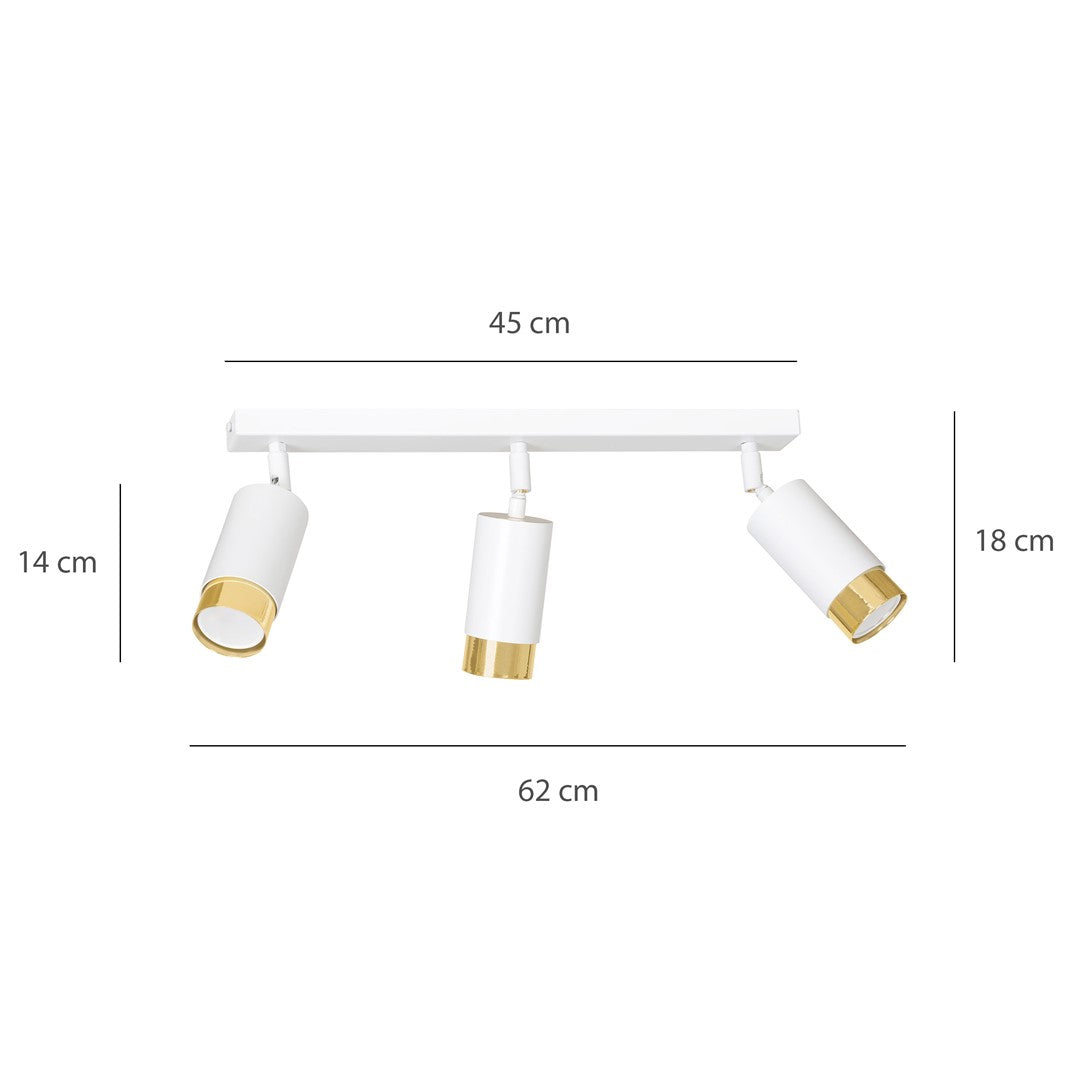 Plafondlamp gepoedercoat staal modern Hiro wit goud 45 x 19 cm, met 3 verstelbare spots