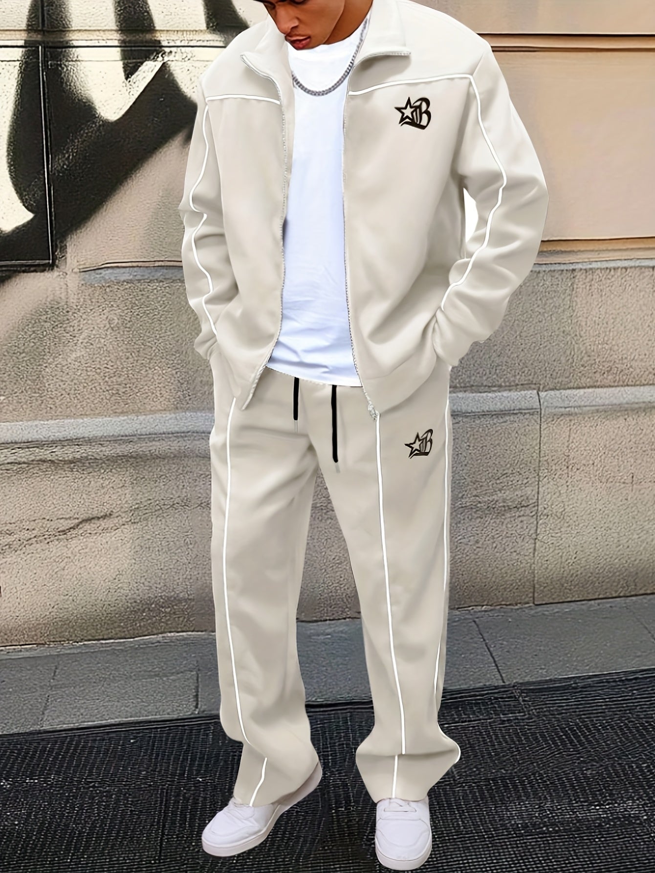 Unisex tracksuit with zip-up jacket and pants, contrast stripes
