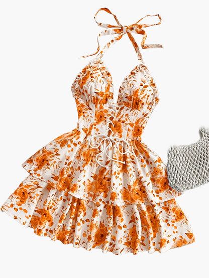 Women's Summer Mini Dress with Rose Pattern, Halterneck, Ruffles, and Lacing – Romantic Casual Dress for Garden Parties & Vacation