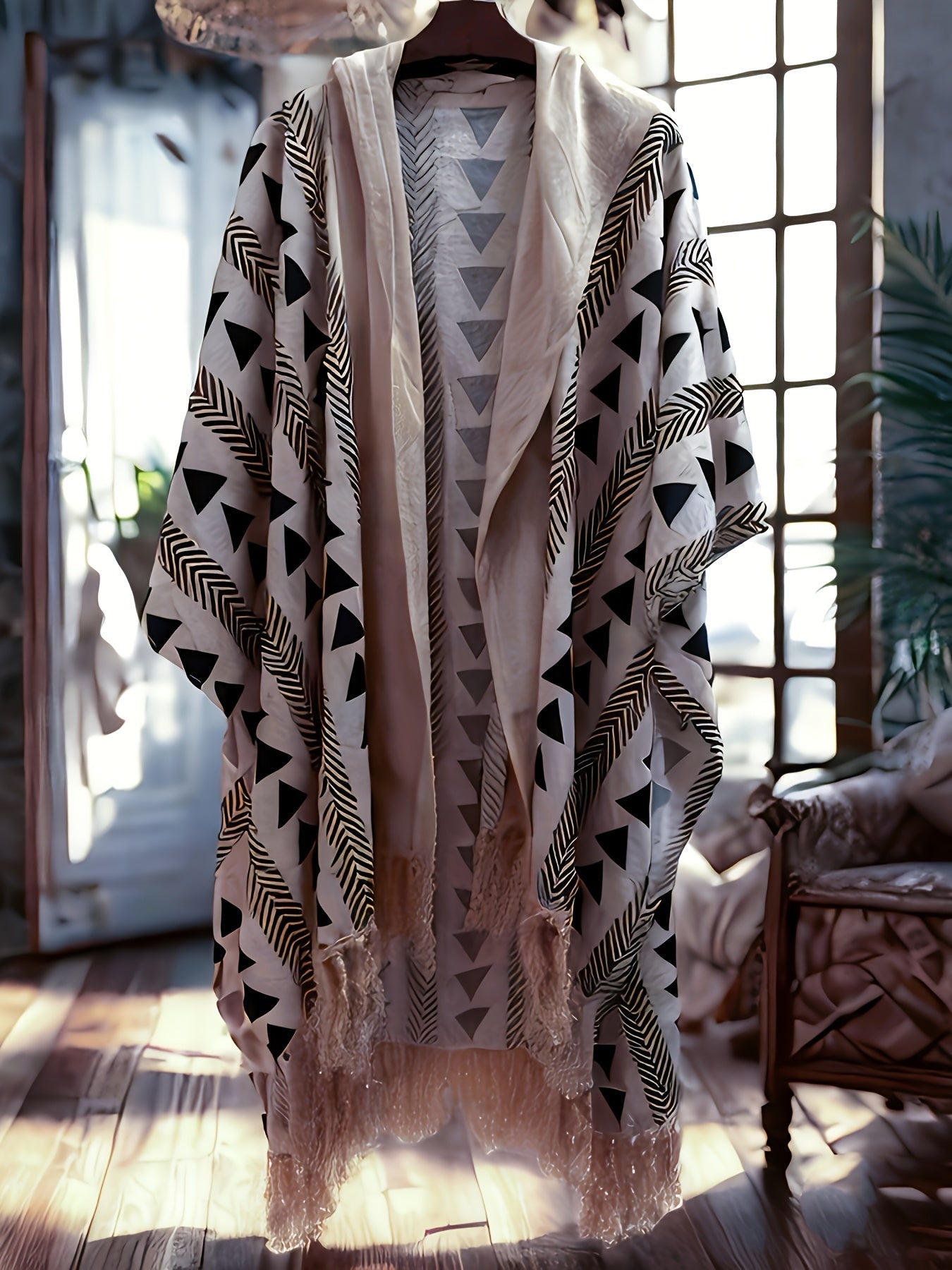 Men's Boho Beach Poncho with Hood and Geometric Pattern – Festival & Beach Cover-Up