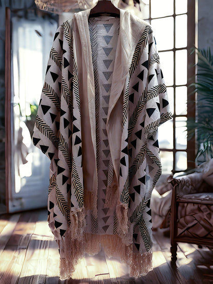 Men's Boho Beach Poncho with Hood and Geometric Pattern – Festival & Beach Cover-Up