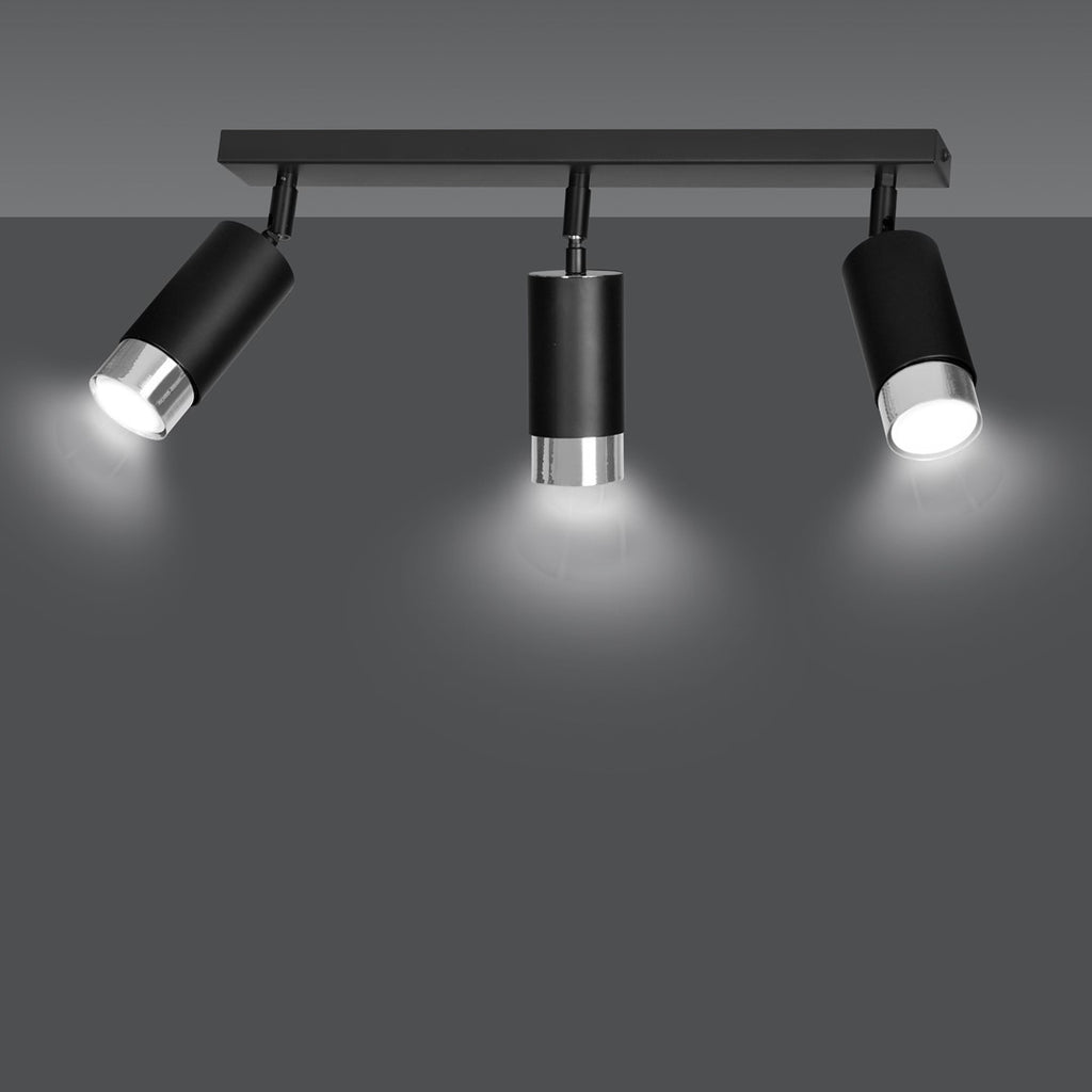 Plafondlamp gepoedercoat staal modern Hiro zwart met zilver, 3 richtbare spots, 45 x 19 cm, voor keuken en hal
