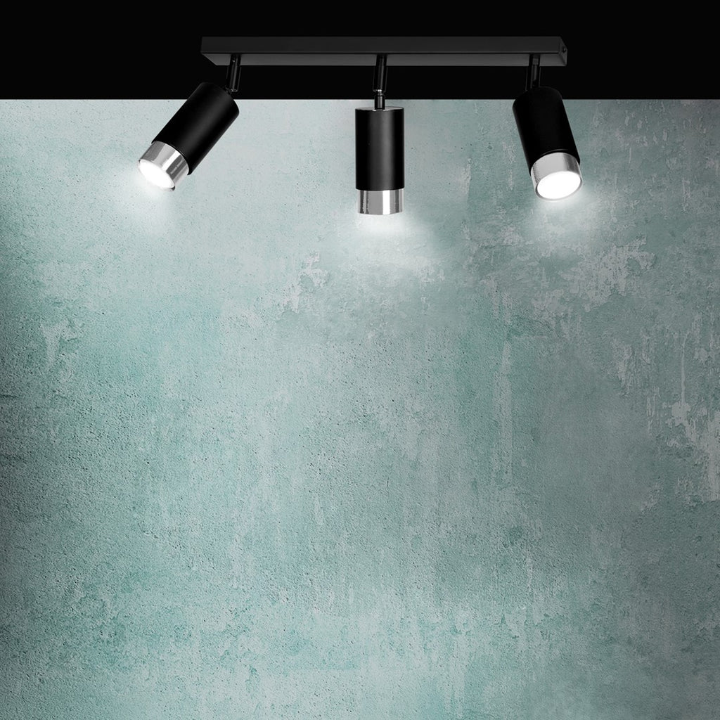 Plafondlamp gepoedercoat staal modern Hiro zwart met zilver, 3 richtbare spots, 45 x 19 cm, voor keuken en hal