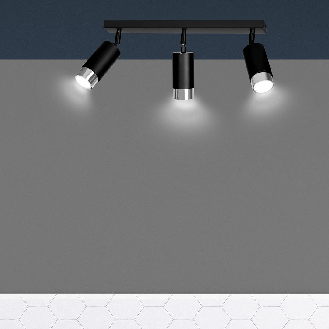 Plafondlamp gepoedercoat staal modern Hiro zwart met zilver, 3 richtbare spots, 45 x 19 cm, voor keuken en hal