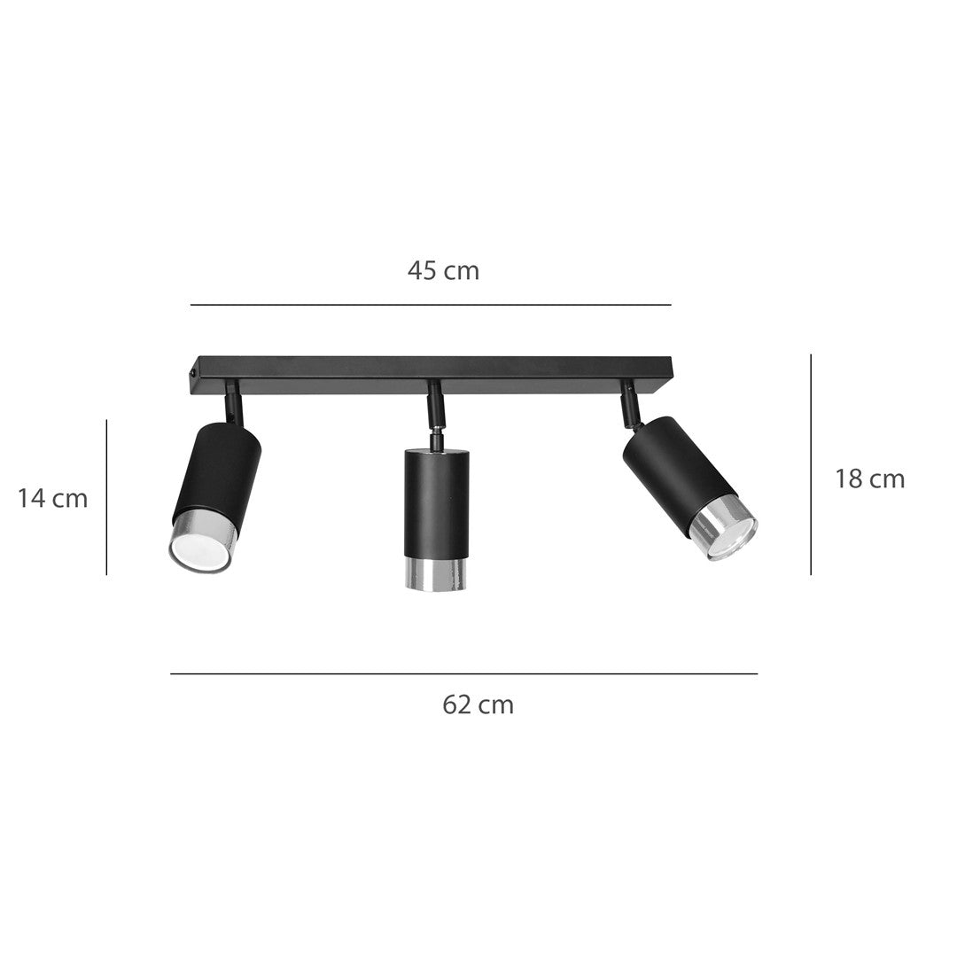 Plafondlamp gepoedercoat staal modern Hiro zwart met zilver, 3 richtbare spots, 45 x 19 cm, voor keuken en hal