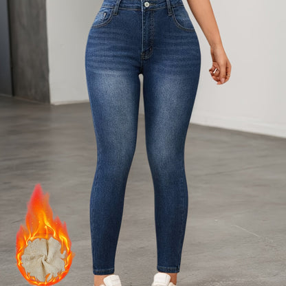 Women's lined slim-fit jeans in dark blue with warm inner lining