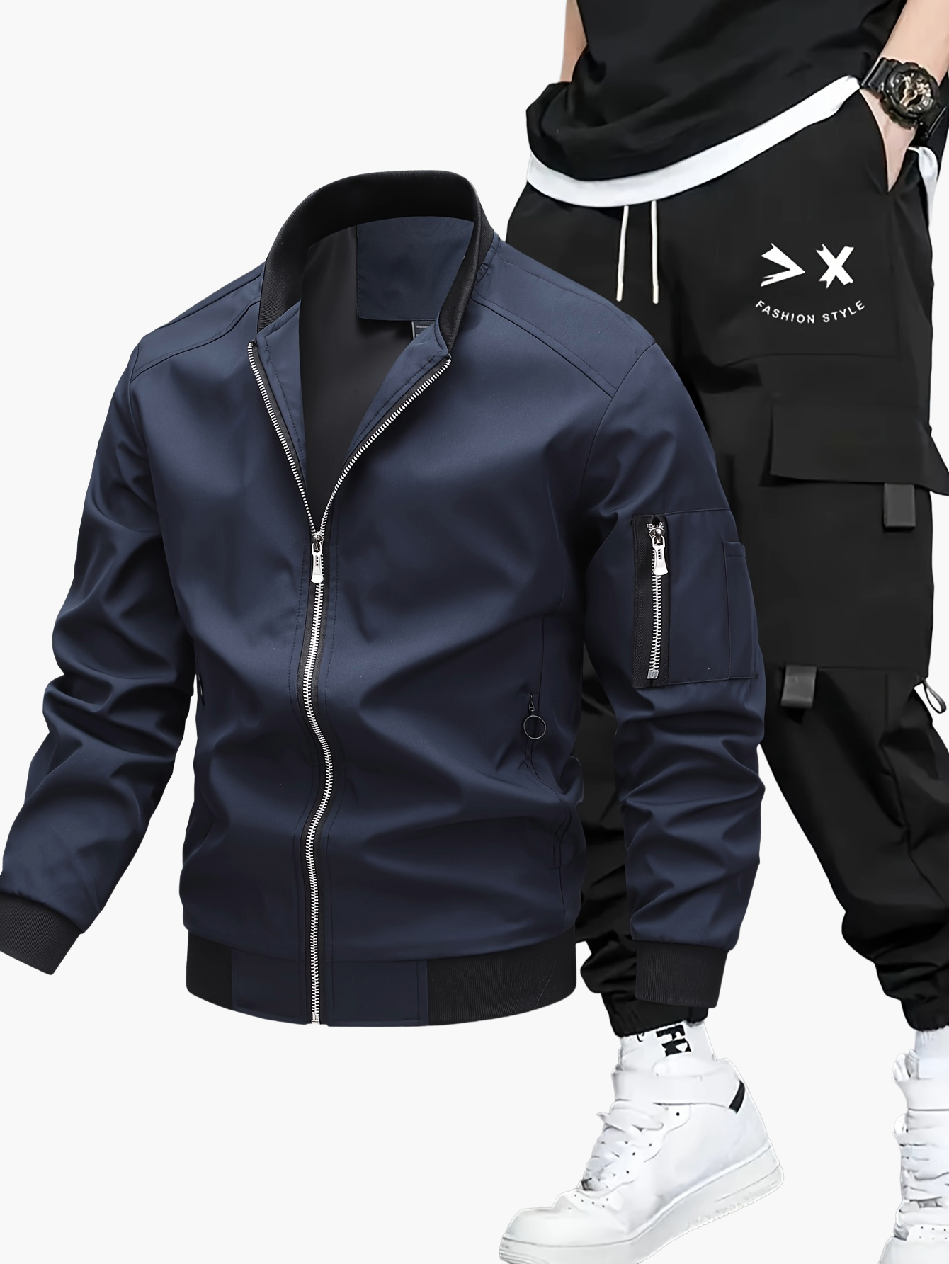 Men's Streetwear Set with Bomber Jacket and Cargo Jogging Pants – Urban Casual Style