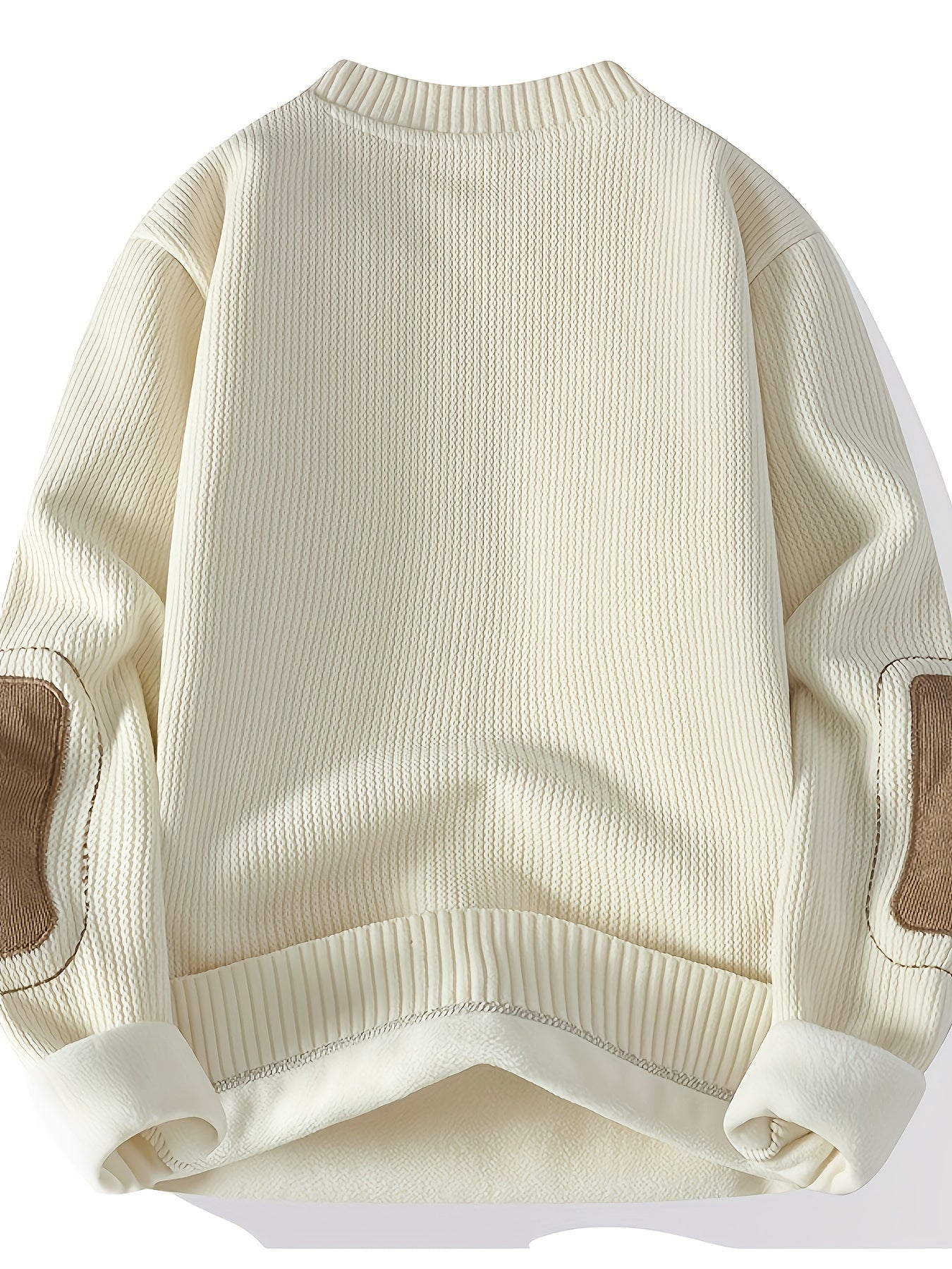 Unisex Langarm Pullover mit Ellbogen-Patches, Rundhalsausschnitt, gerippter Saum