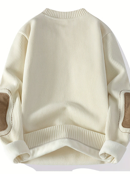 Unisex Langarm Pullover mit Ellbogen-Patches, Rundhalsausschnitt, gerippter Saum