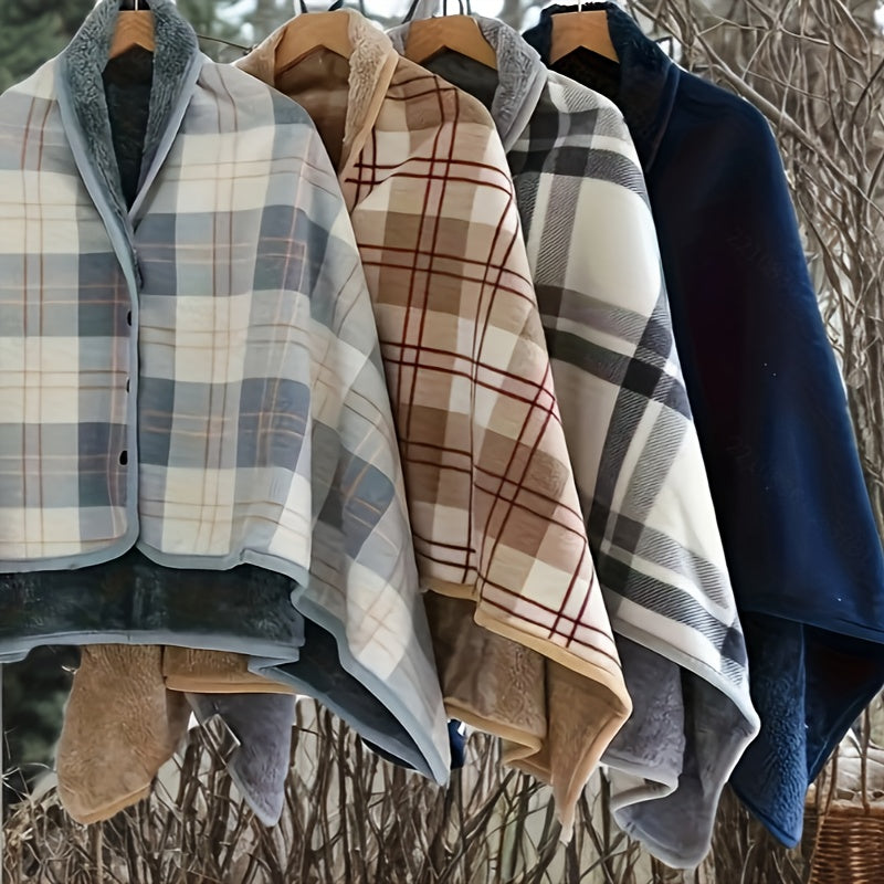 Women's Plaid Snap Button Fleece-Lined Poncho Cape
