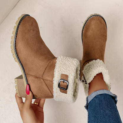 Women’s short winter boots with warm lining, buckle, and heel