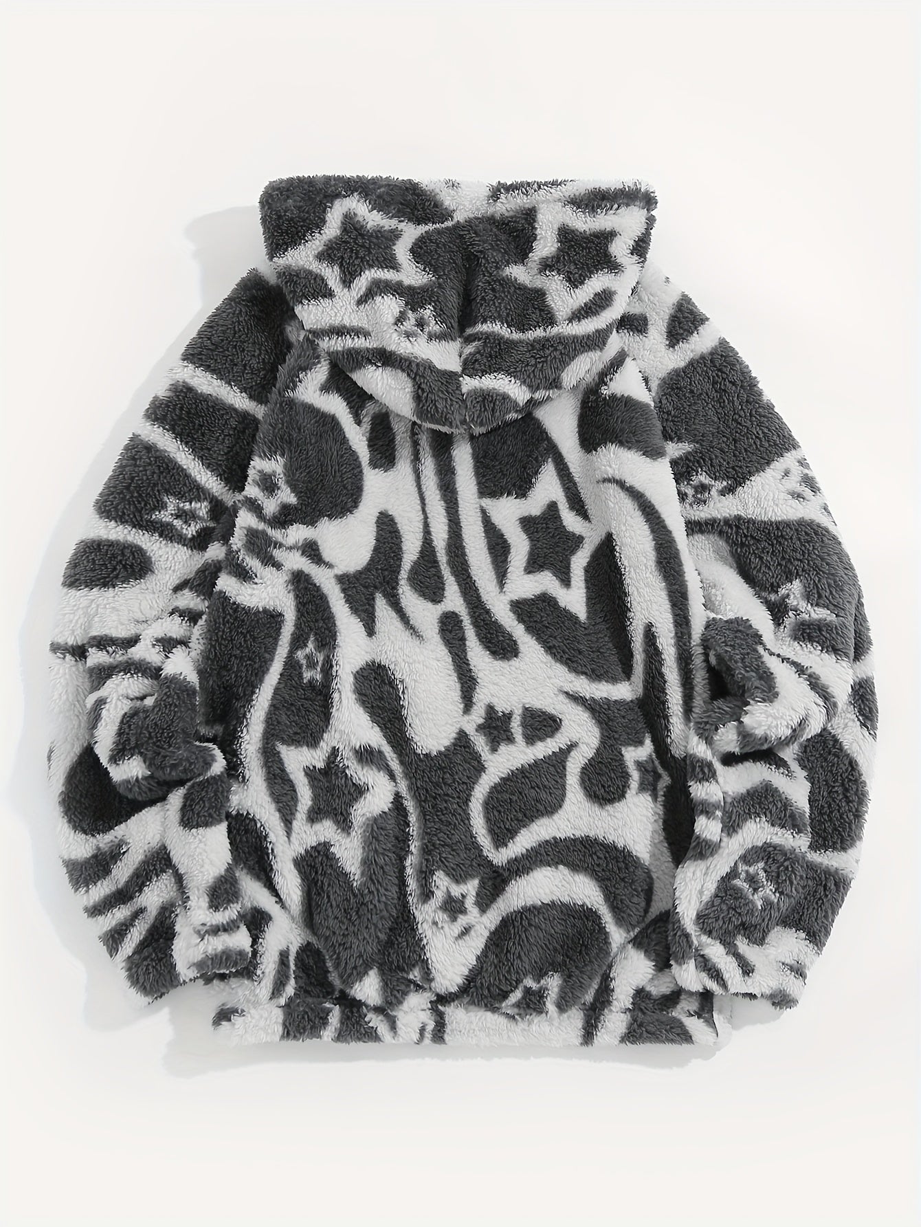 Unisex teddy hoodie with ethnic pattern in beige/brown/black