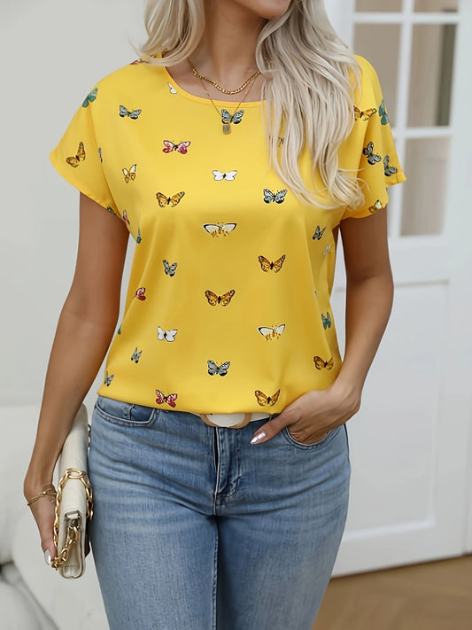Damen Sommer T-Shirt mit Schmetterlingsmuster – Modisches Freizeit-Top, lässiger Stil