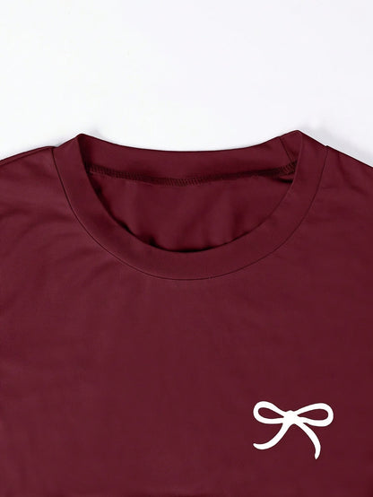 Women's Basic T-Shirt with Bow Embroidery and Ruching – Everyday & Casual