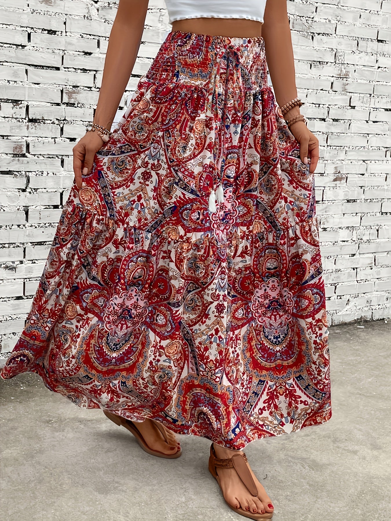 Women's Boho Maxi Skirt with Floral Pattern and Drawstring – Elegant Summer Skirt for Casual Wear and Vacation