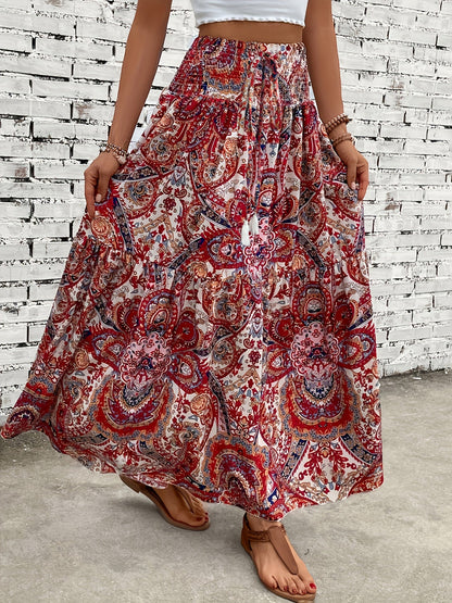 Women's Boho Maxi Skirt with Floral Pattern and Drawstring – Elegant Summer Skirt for Casual Wear and Vacation