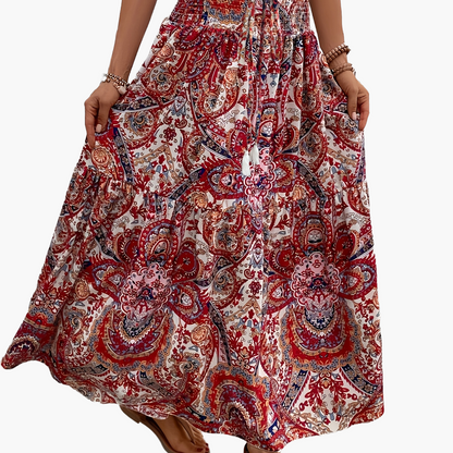 Women's Boho Maxi Skirt with Floral Pattern and Drawstring – Elegant Summer Skirt for Casual Wear and Vacation